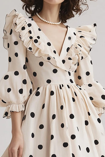 Black and Ivory Chiffon V-Neck Midi Boho Polka Dot Dress with Ruffles